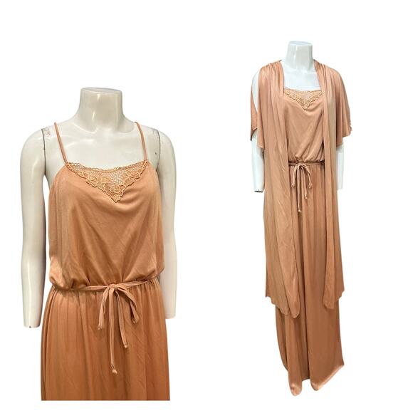 Vintage 1970s Peach Crochet Lace Long Maxi Dress Set / Women’s L/XL - - Picture 1 of 5